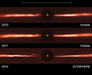 Researchers have spotted strange, fast-traveling ripples speeding around the disk of dust surrounding the young star AU Microscopii. Images from the Hubble Space Telescope and ESA's Very Large Telescope show the ripples' movement over the course of four years. The scale bar at the top of the image stretches the length of Neptune's orbit around the sun.