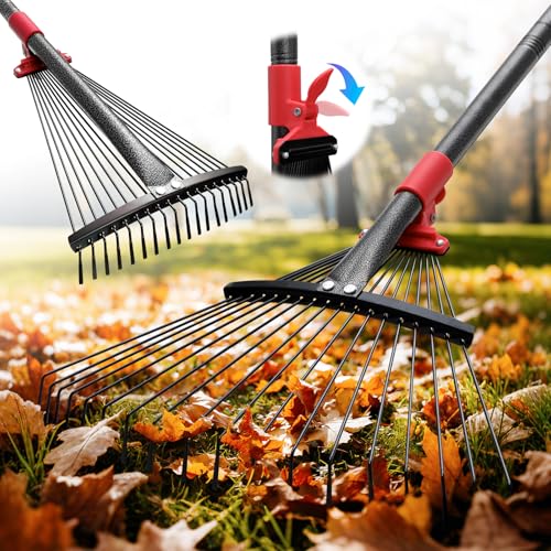 Adjustable Leaf Rake, 8"-17" Expandable Metal Garden Rake With 58" Adjustable Handle, Lightweight Collapsible Yard Rake for Leaves, Pine Needles, Flower Beds, Shrubs and Small Lawns