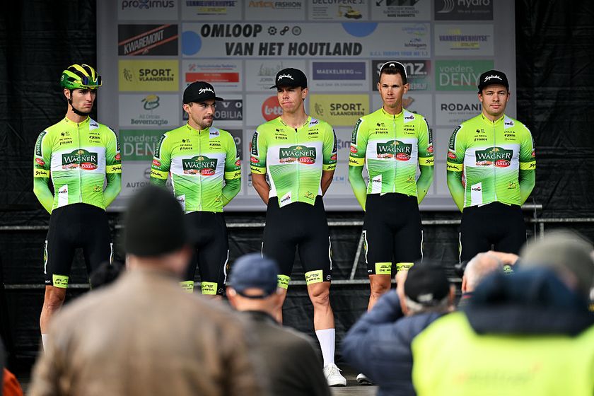 EERNEGEM, BELGIUM - SEPTEMBER 24: Pierre Barbier of France, Jens Reynders of Belgium, Michiel Lambrecht of Belgium, Thomas Portsmouth of Great Britain, Luca De Meester of Belgium, Leander Van Hautegem of Belgium, Jelle Vermoote of Belgium and Wagner Bazin WB prior to the 78th Omloop van het Houtland 2025 a 198.7km one day race from Eernegem to Lichtervelde on September 24, 2025 in Eernegem, Belgium. (Photo by Luc Claessen/Getty Images)