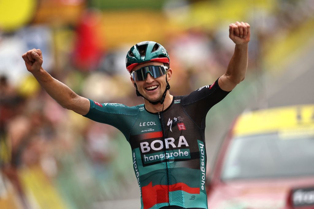 BORA hansgrohes Australian rider Jai Hindley cycles to the finish line to win the 5th stage of the 110th edition of the Tour de France cycling race 163 km between Pau and Laruns in the Pyrenees mountains in southwestern France on July 5 2023 Photo by AnneChristine POUJOULAT AFP Photo by ANNECHRISTINE POUJOULATAFP via Getty Images