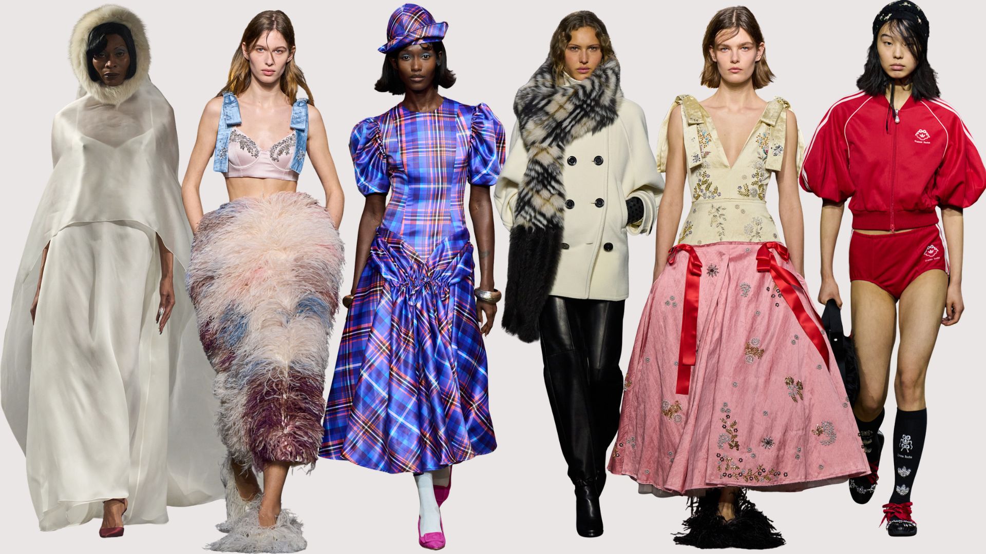 Collage of runway images from London Fashion Week AW/26: Conner Ives, Erdem, Tolu Coker, Burberry, Simone Rocha