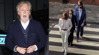 LEFT: Paul McCartney is seen at an after-party for the finale of "The Late Show with Stephen Colbert" on May 21, 2026 in New York City. RIGHT: Actors in Sam Mendes' Beatles biopic 
