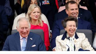 Prince Charles, Prince of Wales, Princess Anne, Princess Royal, (2nd row) Lindsay Wallace and Peter Phillips attend the Platinum Pageant