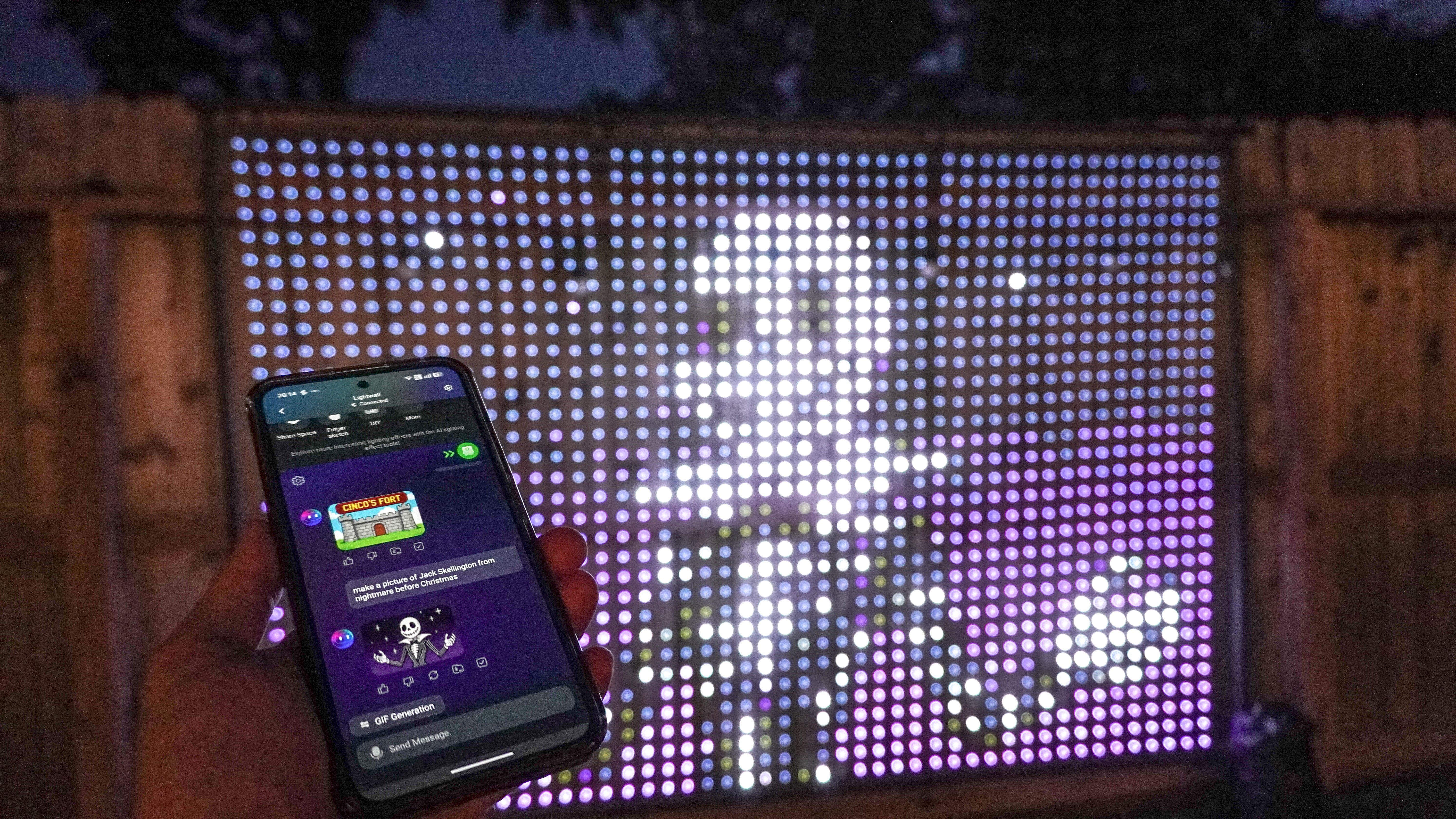 An AI-generated image of Jack Skellington on the Govee Lightwall created by Govee's AI lighting Bot 2.0