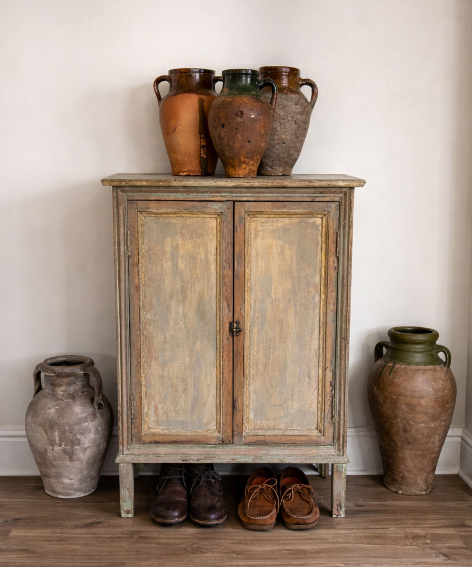A vintage cupboard showcasing confit jars with shoes underneath