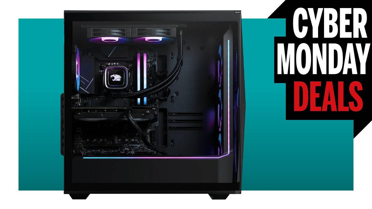 iBuyPower RDY Slate 8MP 002 gaming PC on a blue background with Cyber Monday Deals logo