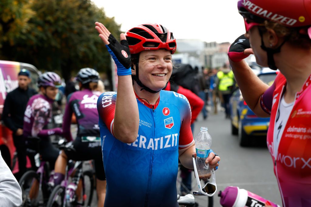 Ceratizit-WNT&#039;s Marta Lach high-fives after winning a stage in Tour de Romandie