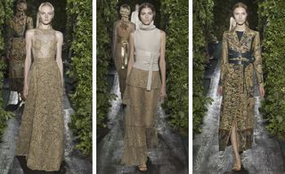 Three separate images of female catwalk models, wearing gold theme designer dresses, grey wood grain floor, hedge borders