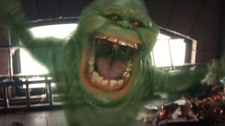 Slimer flying at camera in Ghostbusters: Frozen Empire