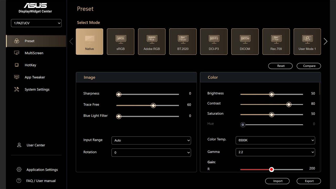A screenshot of the ASUS Display Widget Center program's Preset menu with sliders for adjusting sharpness, trace, free, blue light filter, brightness, contrast, saturation, and more.