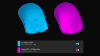 Side-by-side 3D renders of the Logitech G Pro X2 Superstrike and Razer Viper V4 Pro gaming mice on eloshapes.com.