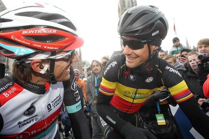 Tour of Flanders favourites Fabian Cancellara, left, and Tom Boonen chat on the start line.