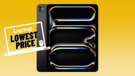13-inch iPad Pro M4 against a yellow gradient background with lowest price sticker.