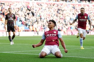 Ollie Watkins of Aston Villa celebrates after scoring their team's fourth goal during the Premier League match between Aston Villa and Brentford FC at Villa Park on October 23, 2022 in Birmingham, England.