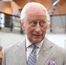 King Charles wearing a gray suit with a purple tie and pocket square smiling and looking to the right