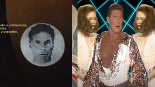 A side by side of David Hasselhoff in the credits of Guardians of the Galaxy Vol. 2 and him in the music video for Guardians Inferno.