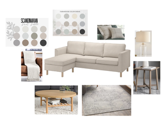 A mood board with a cream sofa, a wooden coffee table, a grey and cream patterned rug, a wooden side table, a glass table lamp, a cream blanket draped over a sofa, cream and brown chequered pillows, and modern farmhouse colour scheme guide (neutrals).