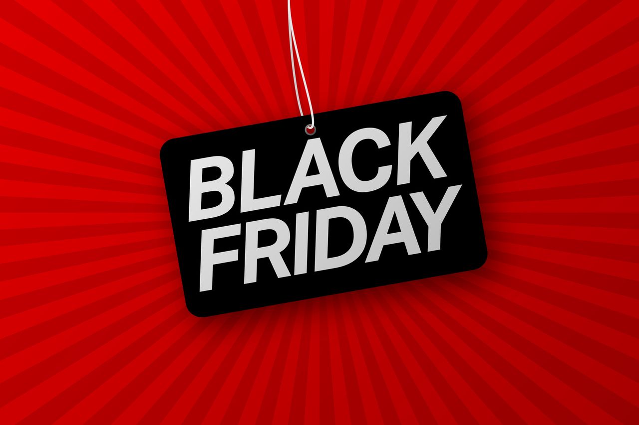 Vector Black Friday advertisement on a black tag with a red background