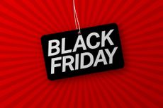 Vector Black Friday advertisement on a black tag with a red background