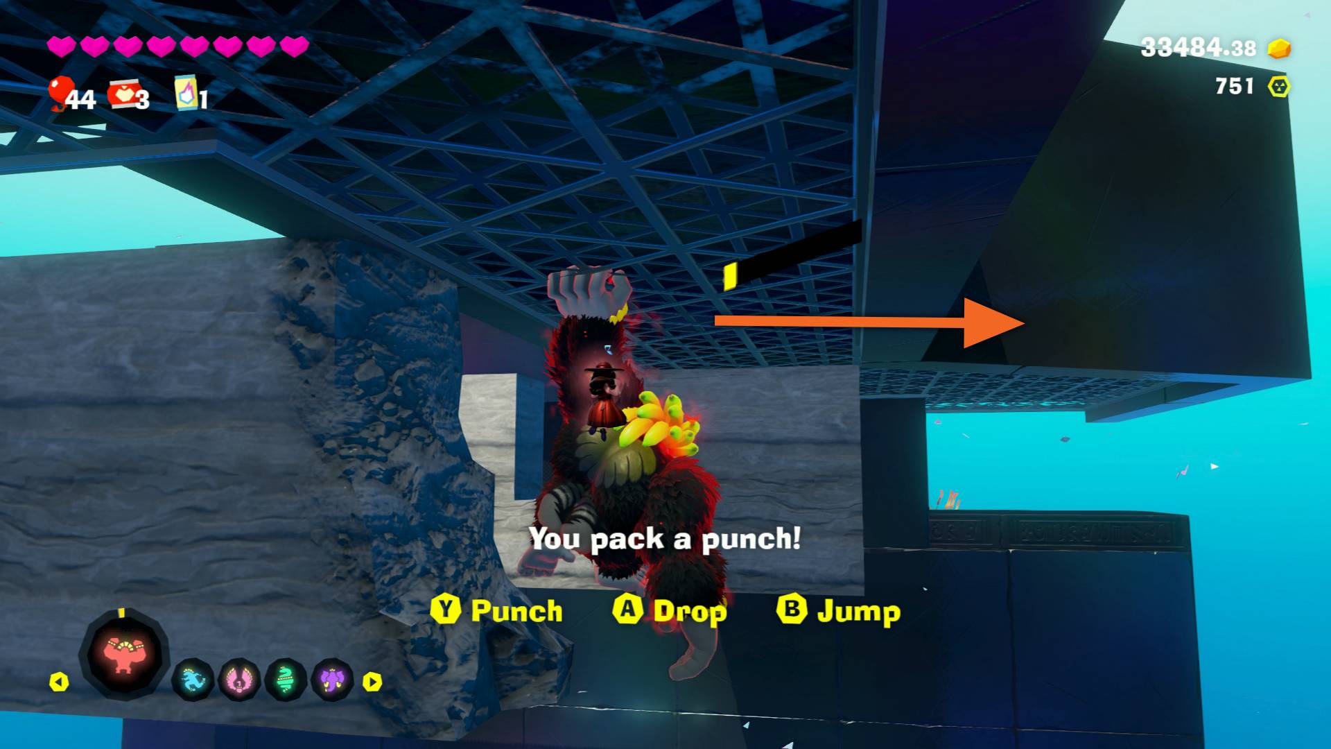 Donkey Kong Bananza Hanging on Roof Road challenge course DK going down secret path with arrow pointing right to ledge where banana is