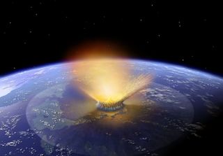An asteroid is shown crashing into Earth