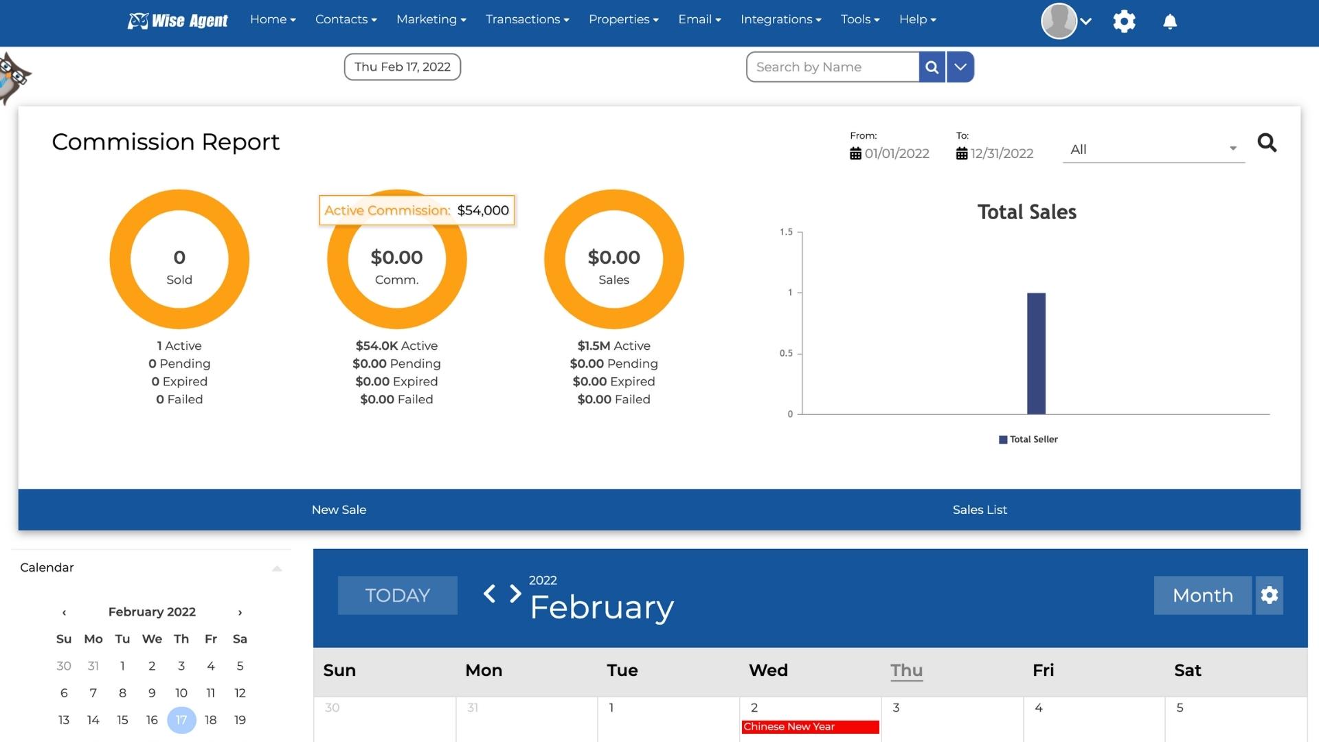 Wise Agent commission report on main dashboard