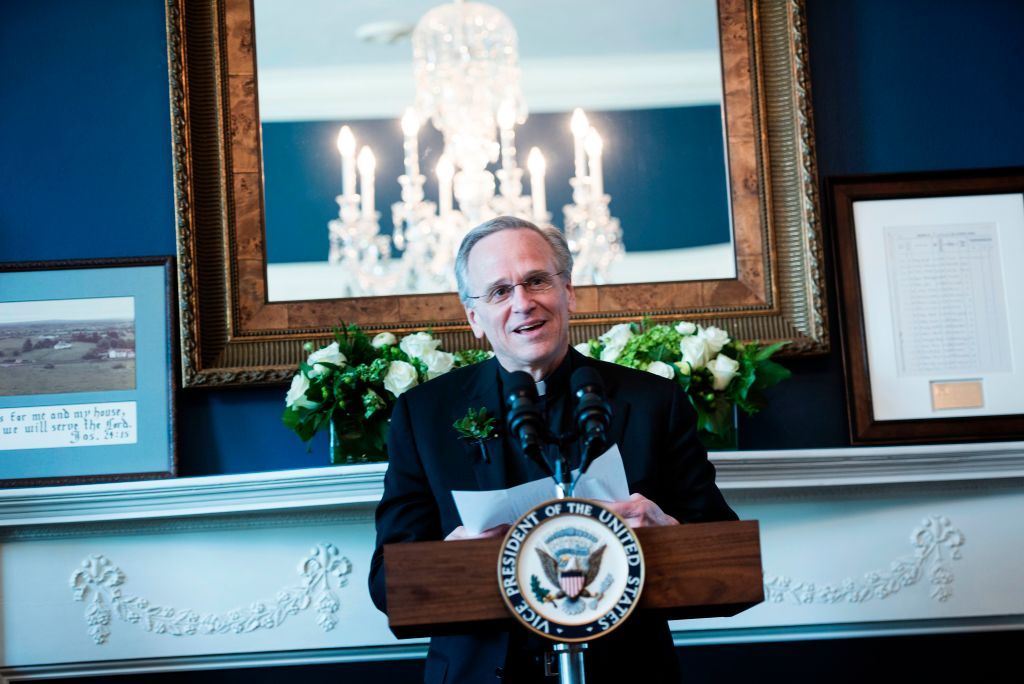 University of Notre Dame President John I. Jenkins says a prayer during a Saint Patrick&amp;#039;s Day breakfast at the Naval Observatory on March 16, 2017 in Washington, DC.