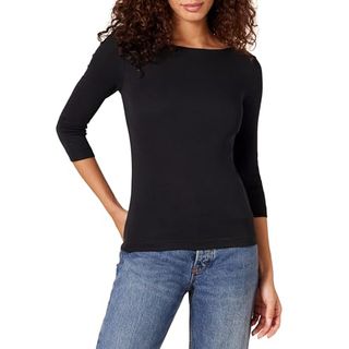 Amazon Essentials Damen Slim-Fit 3/4-Ärmel-T-Shirt mit U-Boot-Ausschnitt, Schwarz, X-Small