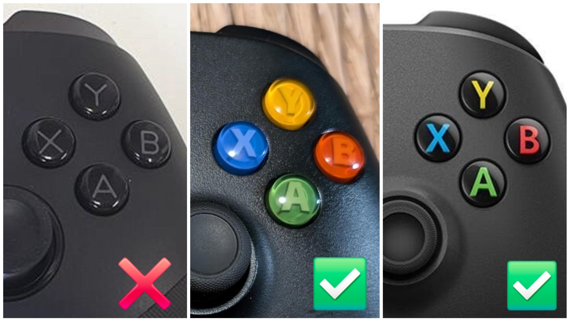 Three gaming controllers are shown side by side. The first has monochrome buttons with a red 'X' below, while the second and third have colorful buttons with green check marks.