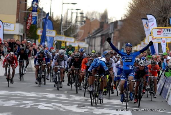 Juan Jose Haedo (Saxo Bank) wins a wet GP de Denain ahead of Garmin-Barracuda's Alex Rasmussen