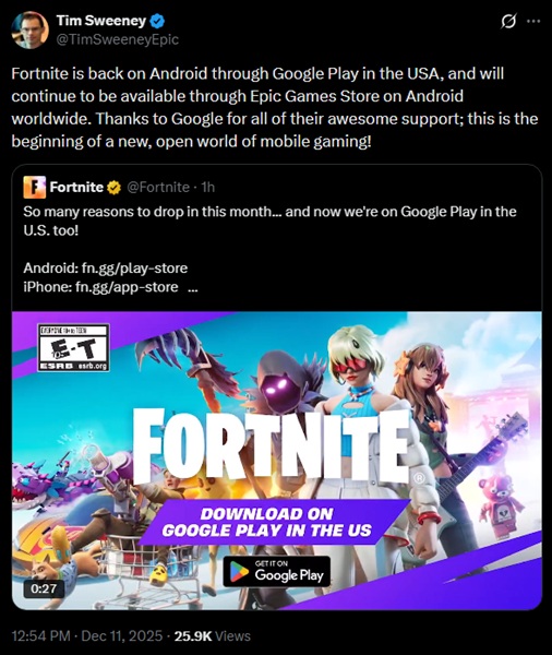 Fortnite returns to the Google Play Store for Android devices.