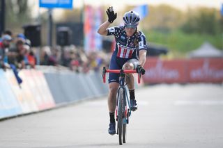 US Katie Compton crosses the finish line at the womens elite race at the BeMINE site in Beringen race 48 of the Ethias Cross Trophy Saturday 26 October 2019 BELGA PHOTO DAVID STOCKMAN Photo by DAVID STOCKMANBELGA MAGAFP via Getty Images