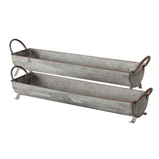 Whw Whole House Worlds Farmer's Market Galvanized Metal Basket Tray Planters, Set of 2, Long Trough Shaped, Zinc, 28.75 and 25.25 Inches, for Container Gardens