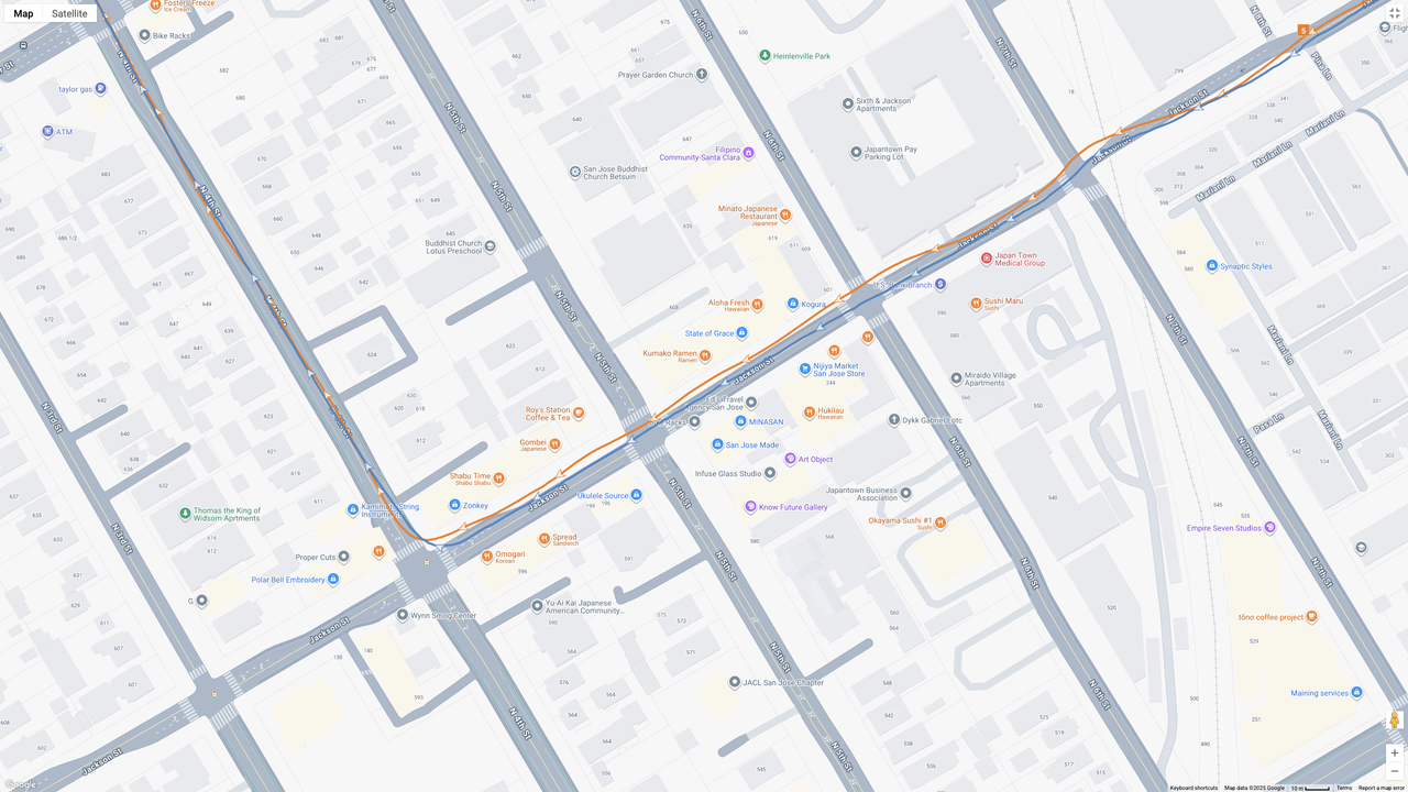 A GPS map showing how the Garmin Forerunner 970 (blue line) and Google Pixel Watch 4 (orange line) compare for a half-marathon test.