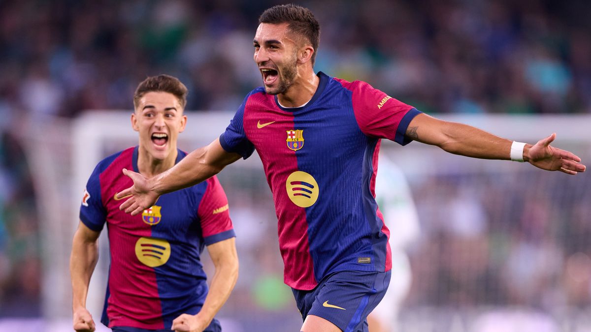 Ferran Torres of FC Barcelona celebrates in a match ahead of Borussia Dortmund vs Barcelona live stream in the Champions League