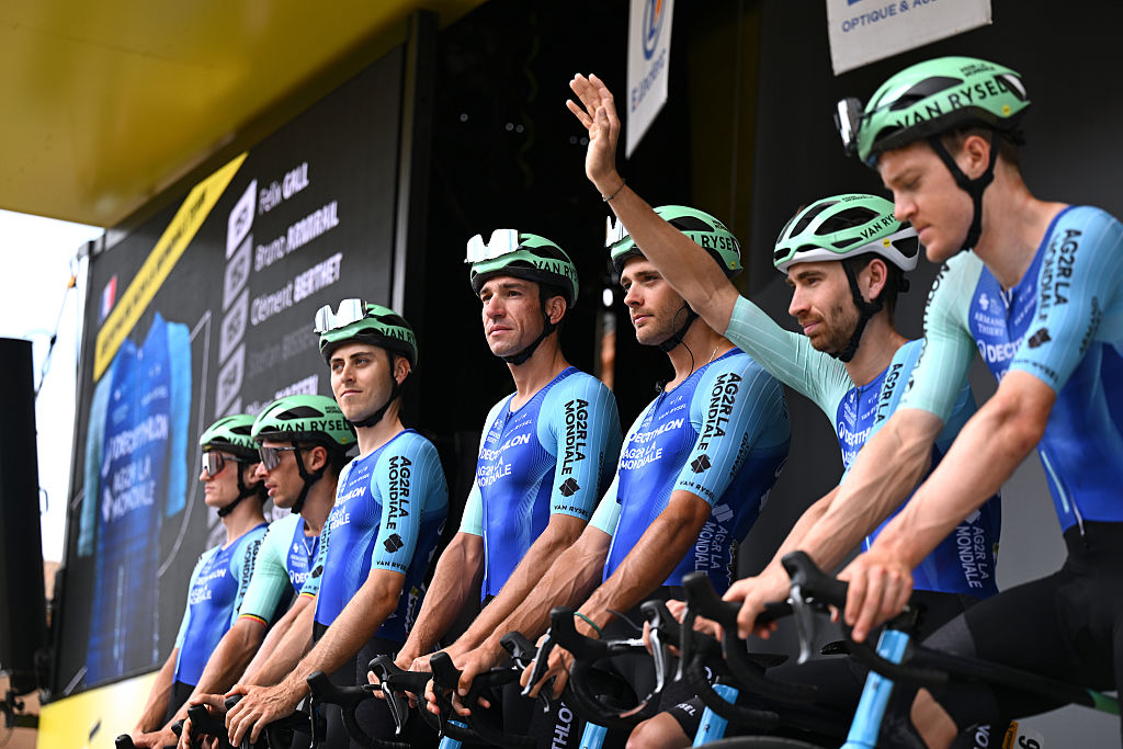 MURET, FRANCE - JULY 20: (L-R) Bruno Armirail of France and Bastien Tronchon of France and Team Decathlon AG2R La Mondiale prior to the 112th Tour de France 2025, Stage 15 a 169.3km stage from Muret to Carcassonne / #UCIWT / on July 20, 2025 in Muret, France. (Photo by Tim de Waele/Getty Images)