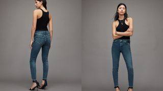 composite of model wearing allsaints Miller Mid-Rise Size Me Skinny Jeans