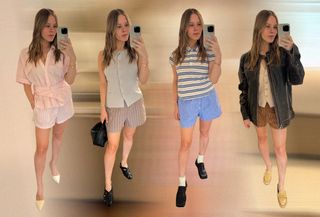 Nikki Chwatt wears four pajama shorts outfits. The first outfit is a pink top with pink striped shorts and white closed-toe mules. The second outfit is a beige vest with brown striped shorts, black flats, and a black Bottega Veneta bag. The third outfit is a striped polo shirt with blue striped shorts, socks, and black square-toe loafers. The fourth outfit is a distressed brown leather jacket, a beige vest, brown striped shorts, and beige loafers.