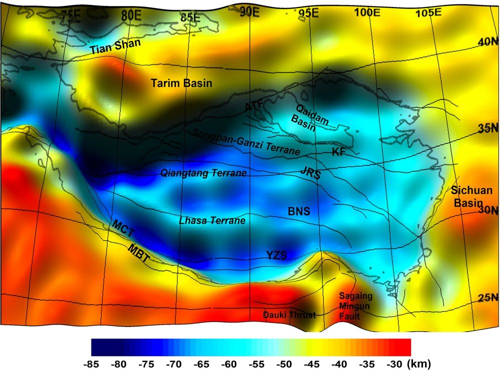 This shaded relief map shows the rock deep beneath the Tibetan Plateau, with colors indicating kilometers below Earth&#039;s surface.