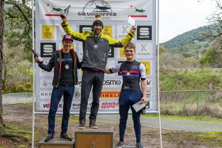 The men's podium after the first round of the Grasshopper Adventure Series at Low Gap: winner Geoff Kabush, second-placed Peter Stetina and third-placed Sandy Floren