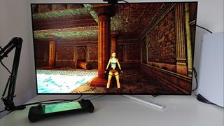 Philips Evnia 42M2N8900 with Steam Deck OLED connected via USB-C and Tomb Raider on screen