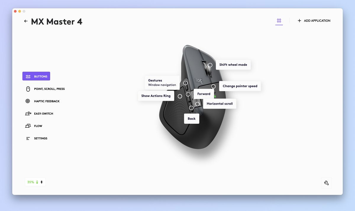 A screenshot of the Logitech Logi Options+ app being used to customize the Logitech MX Master 4