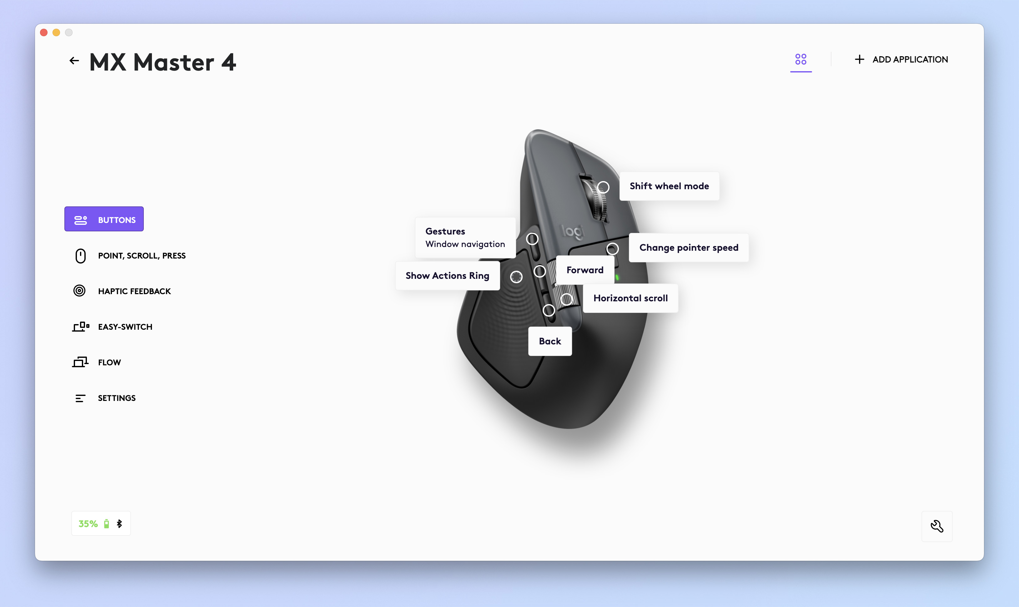 A screenshot of the Logitech Logi Options+ app being used to customize the Logitech MX Master 4