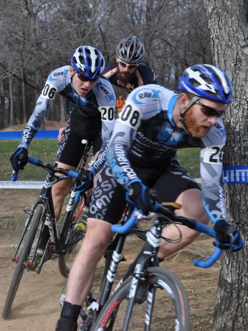 Robert Marion (American Classic Pro Cyclocross Team) leads his teammate Chase Dickens around a tight corner.