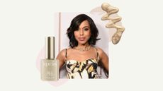 Kerry Washington is pictured with a wavy bob hairstyle and wearing a black and yellow dress at the BET Awards 2025 held at the Peacock Theater on June 09, 2025, in Los Angeles, California, alongside a product shot of the Aprés Silk Cover Gel Polish in Champagne, Darling/ both featured in a cream template with a gold nail polish spill