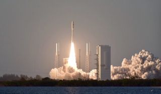 A United Launch Alliance Atlas V rocket carrying two military satellites on the AFSPC-11 mission launches from Cape Canaveral Air Force Base on April 14, 2018.