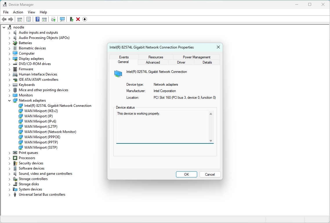 Device Manager with the network connections properties opened.