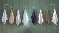 olive green painted wall panelling with wall hooks with towels hanging to support a guide on how to use old towels in your garden