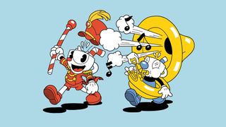 the characters from cuphead in a marching band