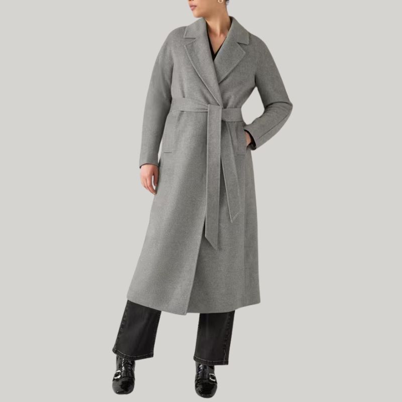Francine Grey Marl Wool Belt Maxi Coat on model
